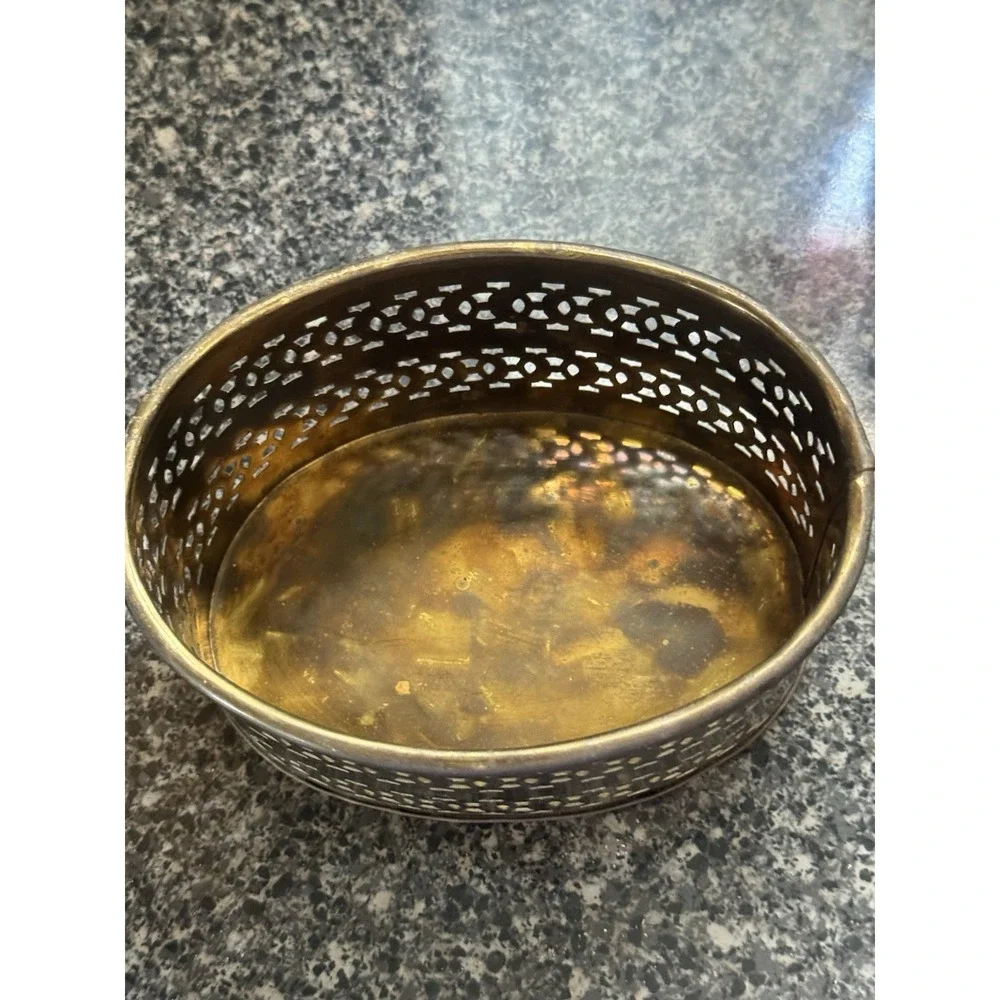 Vintage Brass Oval Display Trinket Basket Filigree Decorative Catch All